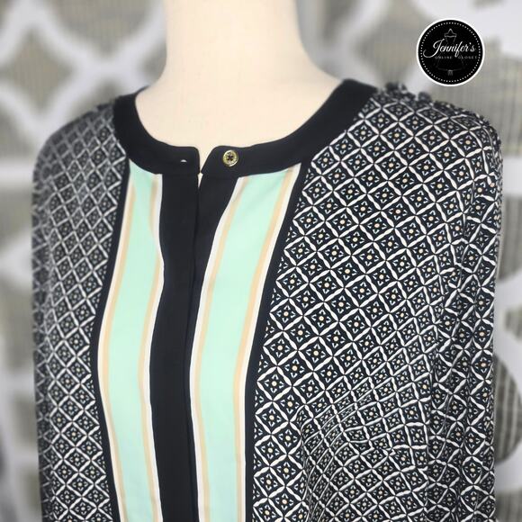 3/$30 Dana Buchman Multicolored Silk Like Roll Tab Sleeve Tunic/Blouse Size 8 - Picture 3 of 13